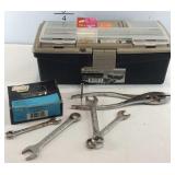 14in tackle box with some misc fishing hooks and