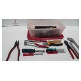 Tools, includes pipe wrench, wire crimping