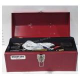 Tools, stack on metal toolbox with socket wrench,
