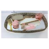 Vanity set, mirrored tray with candle, hair
