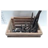 Hardware, wooden crate of brackets in various