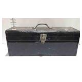 Metal tool box, includes Lenox saw, prybar,