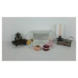 Vanity items, soap tray, perfume bottles, trinket