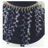 Blue glass beaded necklace 19in goldtone