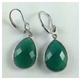 Sterling green onyx and white topaz lever back