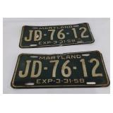 Pair of Maryland license plates, 1957/58