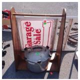 3pc misc lot, old Pressure Cooker, sign frame,