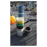 Plastic buckets and Pail type buckets, few flower
