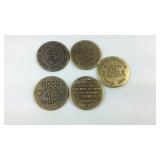 Five brass brothel tokens