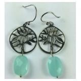 Dangling Earrings Green Stones With Silver