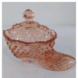 Pink glass shoe with lid, marked made in Taiwan