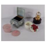 Musical boxes (3),  Avon pink cover glass dish,