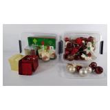 Christmas decor, bulbs, boxes, 3 fall candles,