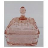 Pink Depression glass covered square trinket box,