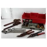 Tool caddy with contents, includes pipe wrenches,