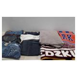 Blankets and clothes, jeans, purses, Redskins