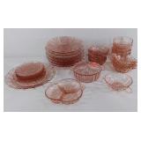 Pink Depression Glass group, plates, dessert