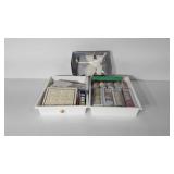 Crafting supplies, includes two bins with ribbon,
