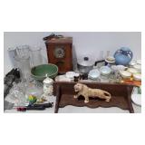 Glassware, big cat statue, vases, wall shelf and