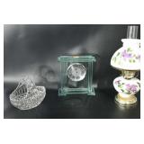 Glass candy dish, glass mantel clock, painted