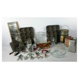 Kitchen ware, Pyrex pie dishes, cupcake pans,