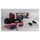 Backgammon and checkers set, battleship, helmet,