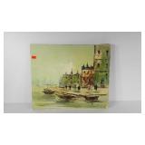 Painting on canvas, harbor scene, signed, 24x20