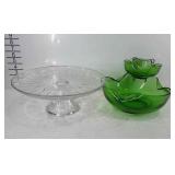 Glassware, 12" cake stand and green chip and dip