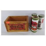 Coca-Cola items, wood box and three wallpaper