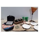 Lamp, baskets, fish shaped plates, burlap bag,