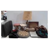Lamp, vintage stools, dartboard, tote bags, cash