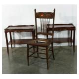 Two side tables and a caned seat chair, great