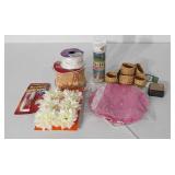 Crafting supplies, includes doilies, flowers,