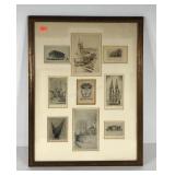 Small etching prints collage, most are signed,