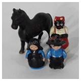 Cast iron, includes Horse coin bank marked