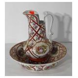 Hand painted water basin and pitcher, 13.5" and