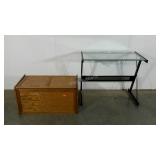 Glass topped desk and toy or storage chest