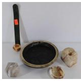 Group of garden items, pot saucer, hook, stone