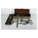 Tool box, screw drivers, drawling compass, saw