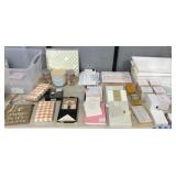 Storage tote with decor and office supplies,