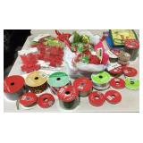 Storage tote with Christmas decor, ribbons and