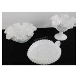 Three Fenton hobnail milk glass pieces, one