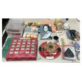 Storage tote with office supplies, cook books,