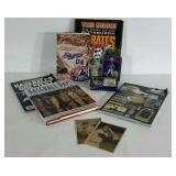 Baseball books, football playing cards, guides