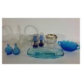 Glassware lot, Fenton clear glass basket, blue