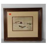 Winter scene water color, artist signed, shows