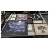 Wall art group, includes clock and framed prints,