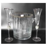 Glass ice bucket/chiller and two champagne flutes