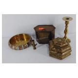 Brass decorative group, boxes, candlesticks and