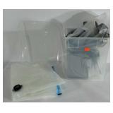 Clear tote of large storage bags, one ziploc